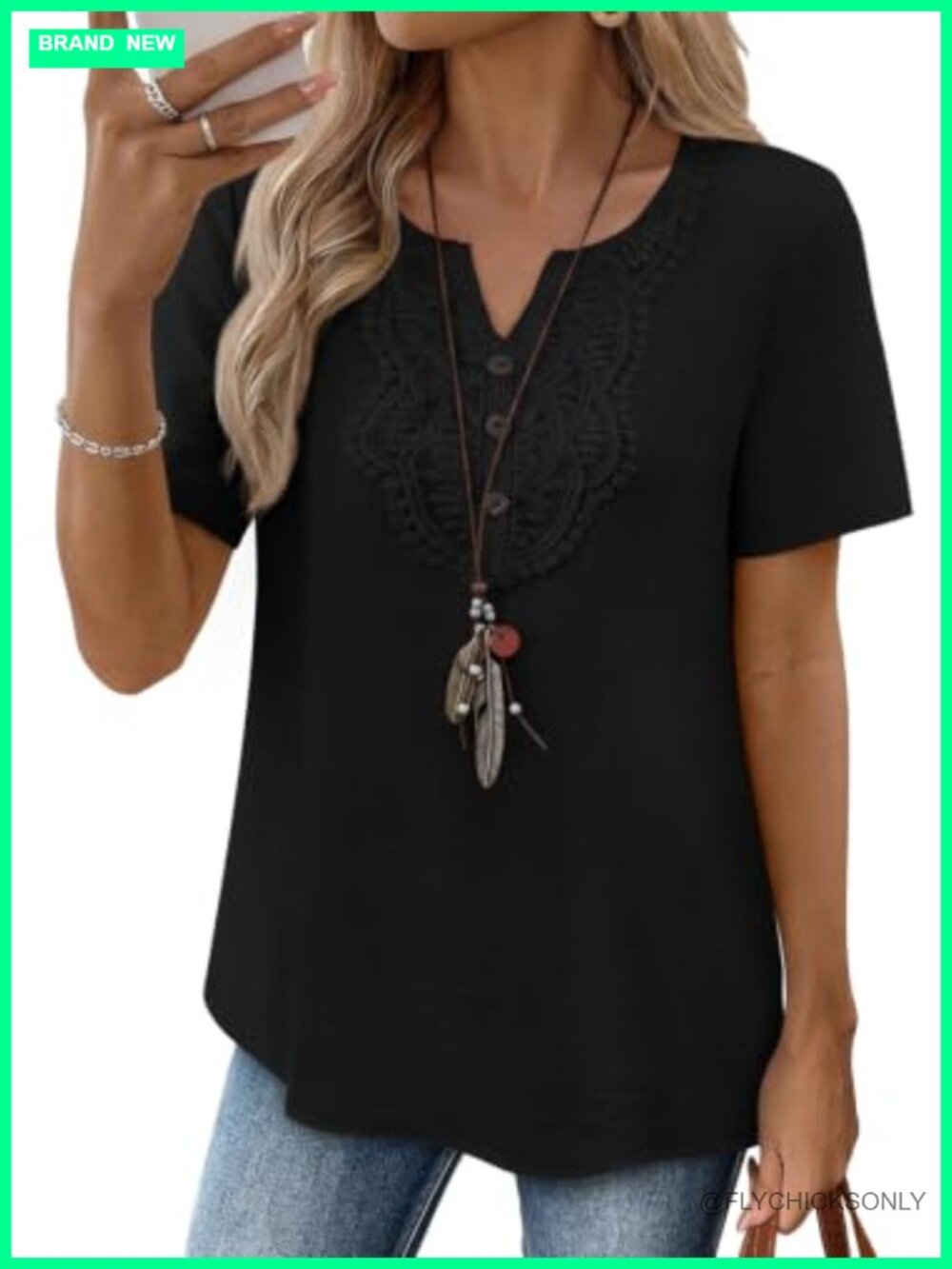 Womens Boho Lace V Neck Button Short Sleeve Top Casual Summer Blouse